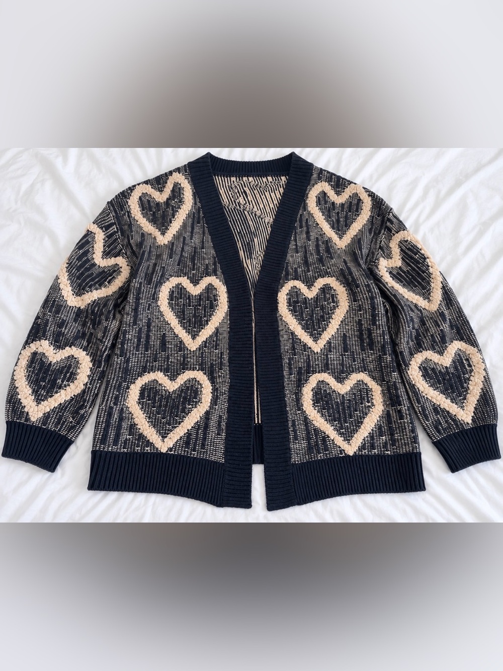 Women’s Navy Cardigan with Cream Heart Motif